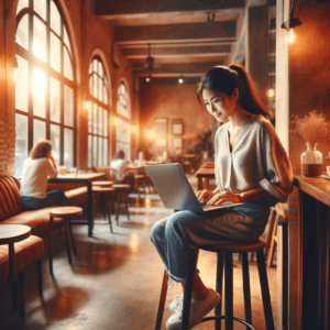 A-warm-and-inviting-coffee-shop-interior-with-a-solo-female-traveler-working-on-a-laptop.-The-setting-conveys-a-relaxed-yet-productive-atmosphere.