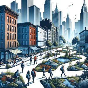 Urban hikers navigating through a bustling cityscape featuring sidewalks public parks and hidden alleys