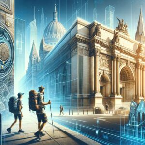 Hikers discovering architectural marvels and historical landmarks in a city.