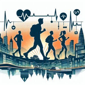 Hikers engaging in a vigorous walk through the city, showing elements like heart rate monitors or other fitness gear to emphasize the physical health benefits.
