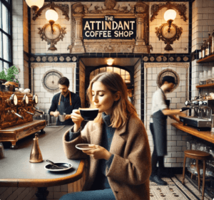 Woman enjoying coffee at The Attendant coffee shop