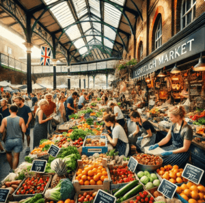 Vibrant scene at Borough Market, bustling with vendors and diverse culinary offerings and thousands of colors.