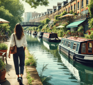 Woman walking along the scenic Regent's Canal