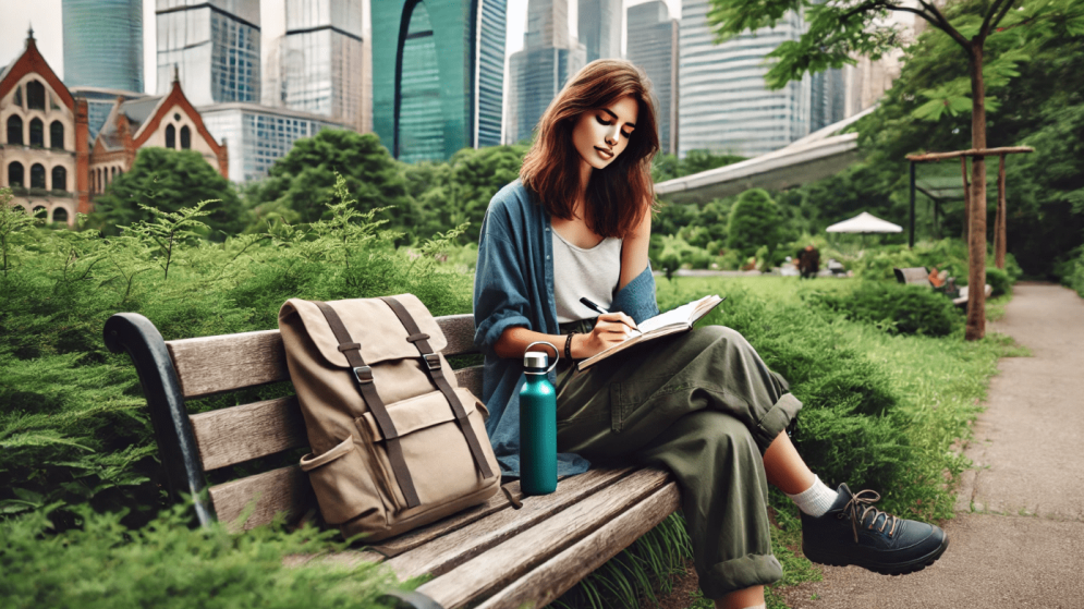 solo female traveler resting on a park bench in a city, writing in her journal
